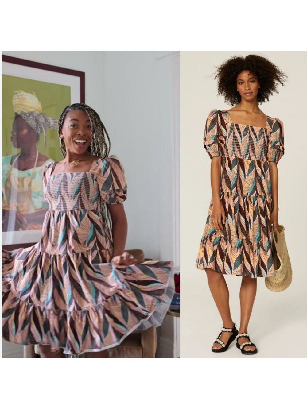 Autumn Adeigbo Leaf Print Puff Sleeve Dress Smocked Pink Boho Artsy